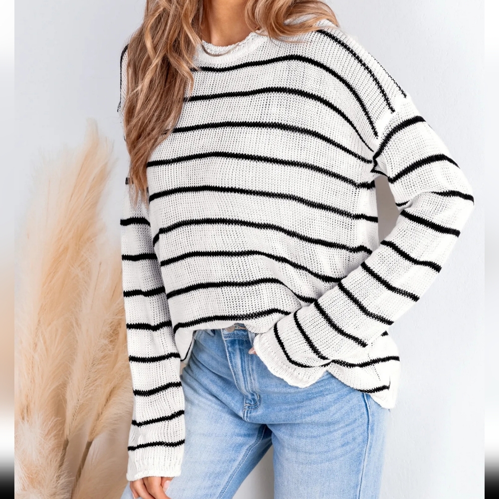NWT Cupshe White & Black Striped Thin Round Neck Knit Sweater